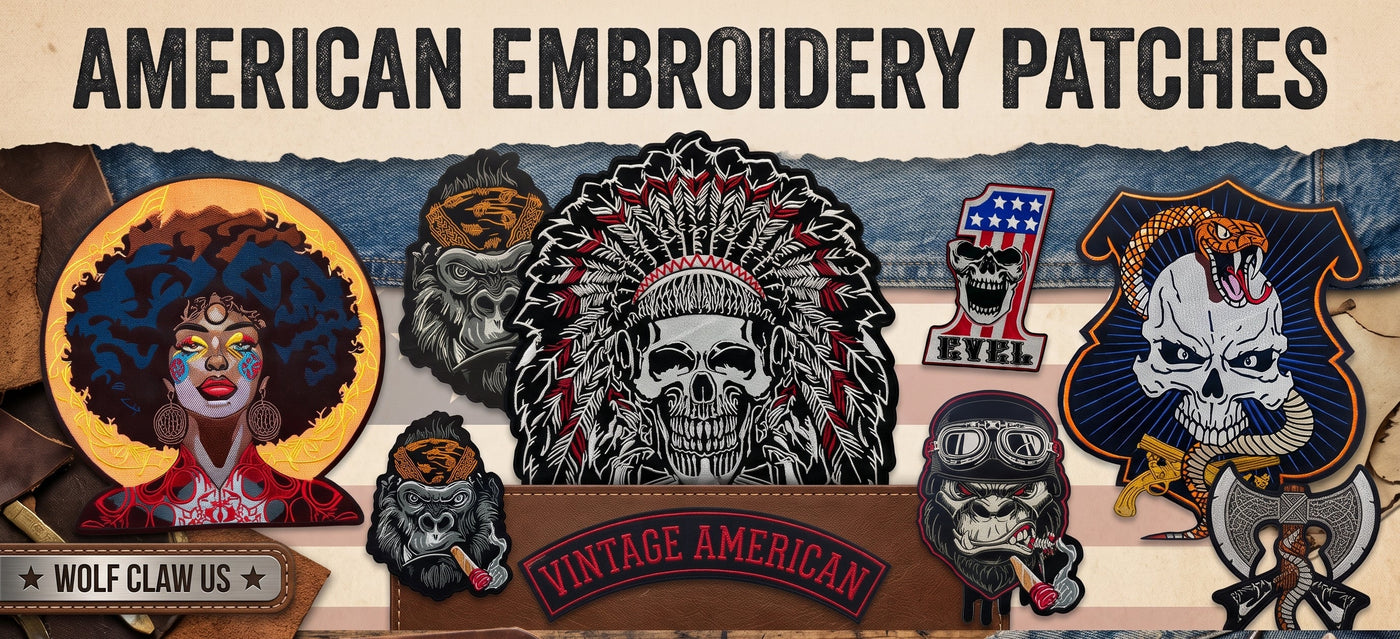 A collage-style promotional graphic for American embroidery patches, showing several embroidered patch designs including a central skull in a feathered headdress, a wolf claw patch, a skull with an American flag motif, and other vintage-inspired patch illustrations. Large text at the top reads 'AMERICAN EMBROIDERY PATCHES,' with additional text and patch samples arranged around it.