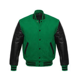 Green Letterman Wool and Leather Varsity Jacket with Ribbed Cuffs