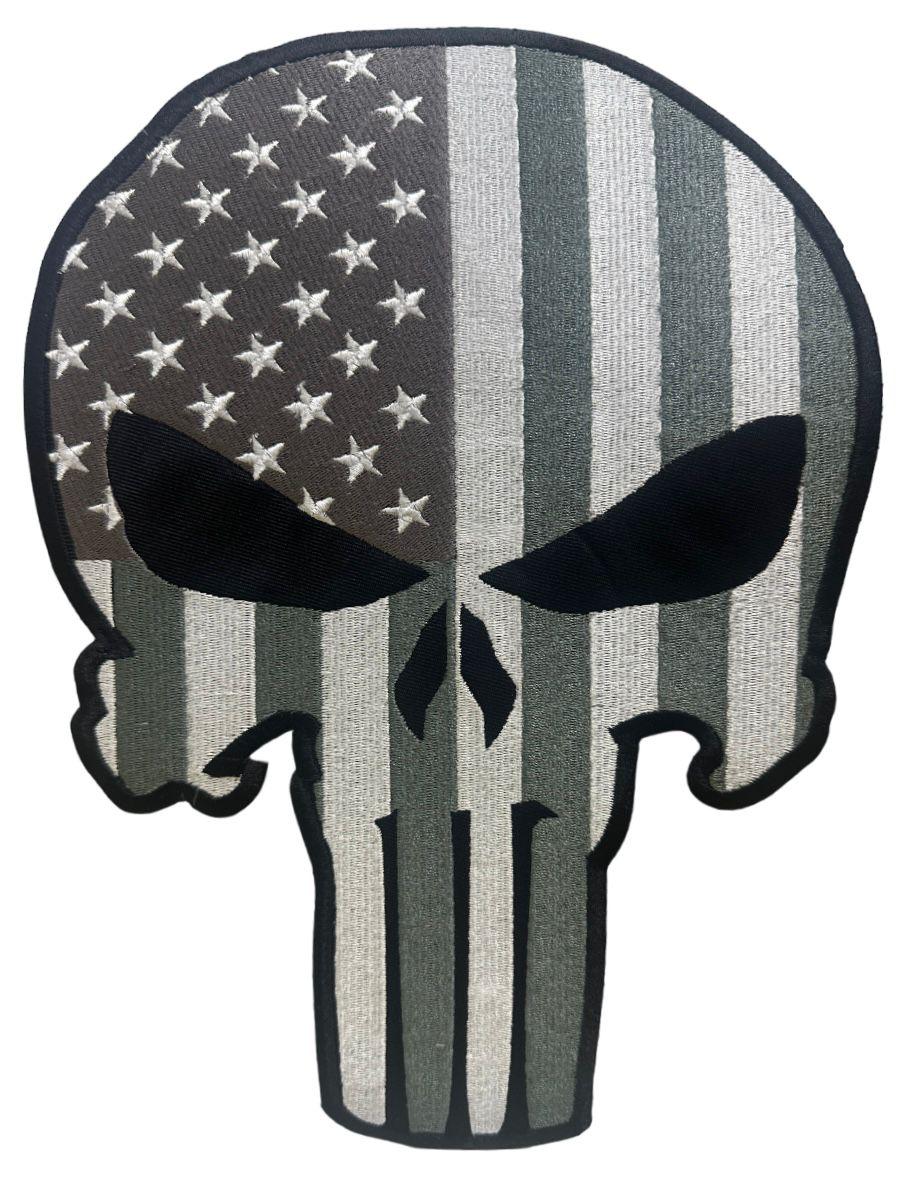 WCEP12 Skull with White & Grey Straps, Stars & Black Embroidery Iron-On Patch | Motorcycle Biker Vest - Patches - Front View