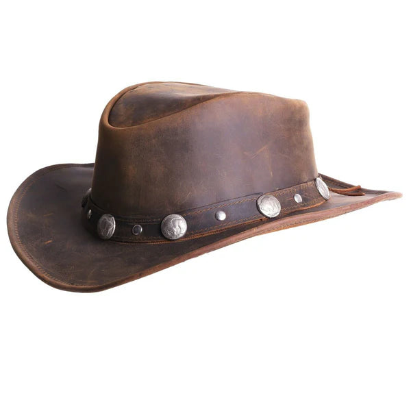 Brown Leather Cowboy Western Hat with Conchos & Leather Band