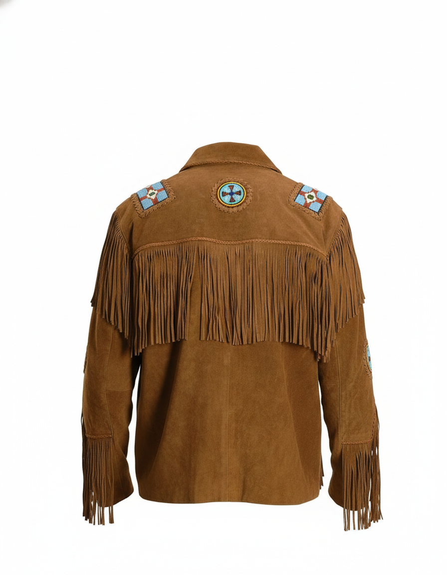 Vintage Brown Western Cowboy Suede Fringe Jacket for Men with Traditional Native American Beadwork