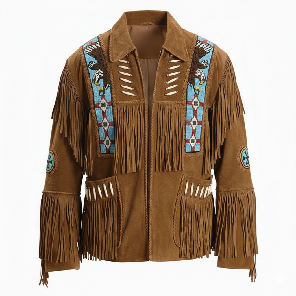 Vintage Brown Western Cowboy Suede Fringe Jacket for Men with Traditional Native American Beadwork