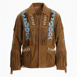 Vintage Brown Western Cowboy Suede Fringe Jacket for Men with Traditional Native American Beadwork