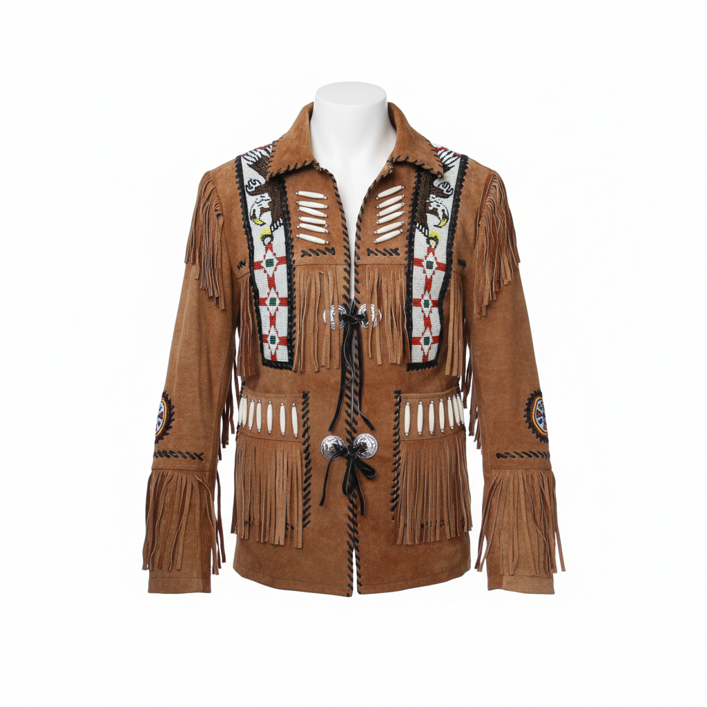 Men’s Western Cowboy Suede Fringe Jacket – Beaded Native American Style Leather Jacket