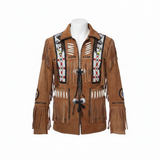 Men’s Western Cowboy Suede Fringe Jacket – Beaded Native American Style Leather Jacket