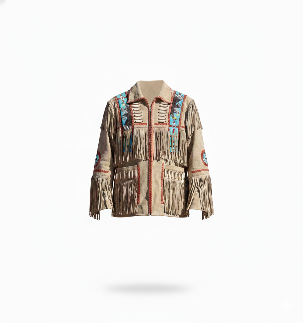 Premium Men’s Western Cowboy Suede Leather Jacket – Native American Fringed & Beaded Style