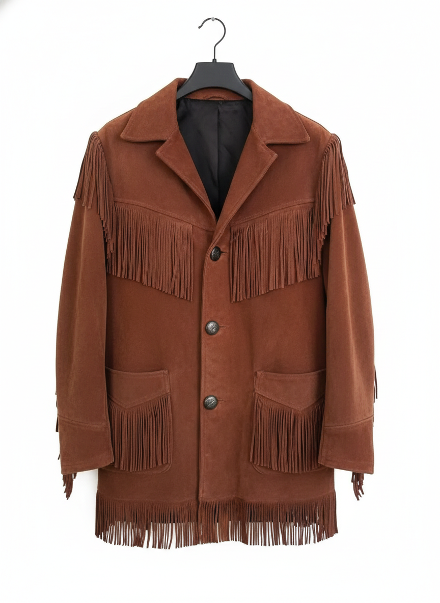 Men’s Western Suede Leather Fringe Cowboy Jacket with Native American Beaded Detailing