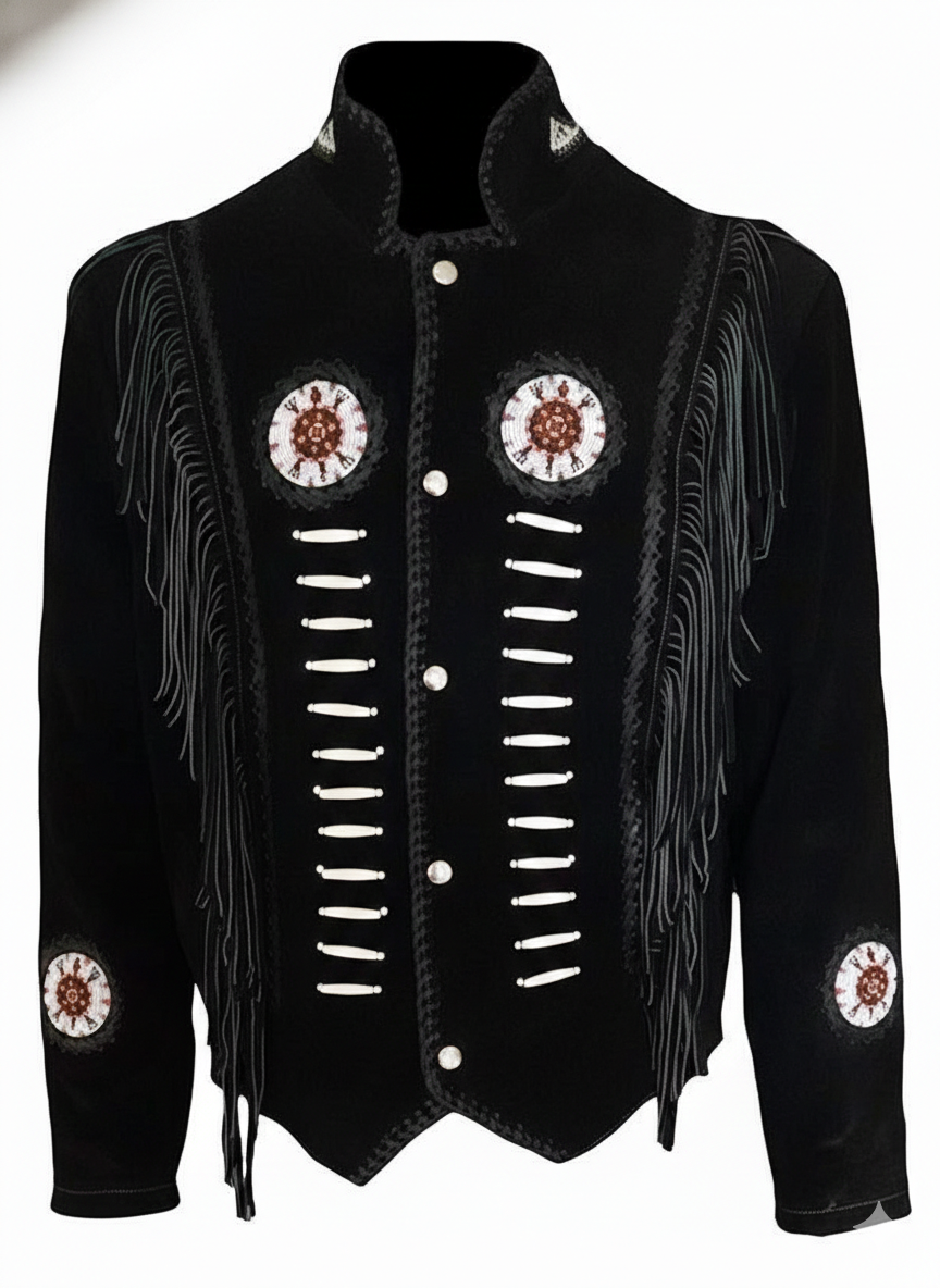 Men’s Cowboy-Inspired Suede Leather Fringe Jacket with Traditional Native Beads