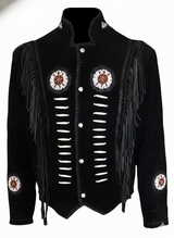 Men’s Cowboy-Inspired Suede Leather Fringe Jacket with Traditional Native Beads