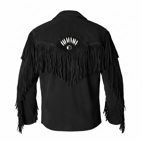 Men’s Western Cowboy Suede Leather Jacket with Fringe & Native American Beadwork
