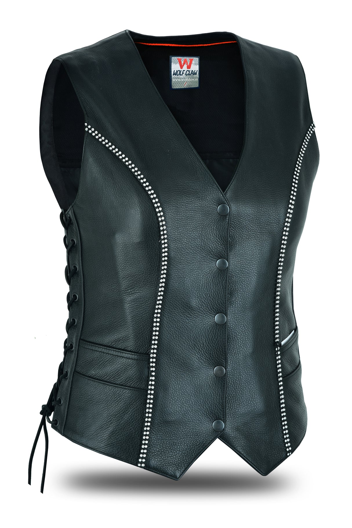 WCWV95641BLING Women's Bling leather motorcycle vest - Rhinestone detail Gun Pocket, Side Lace, Single Panel back, Snap front Biker
