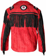 Men’s Western Cowboy Suede Leather Fringe Jacket with Beaded Native American Design