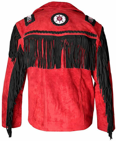 Men’s Western Cowboy Suede Leather Fringe Jacket with Beaded Native American Design