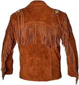 Men’s Vintage Western Suede Leather Fringe Jacket with Hand Beaded Native-Inspired Design