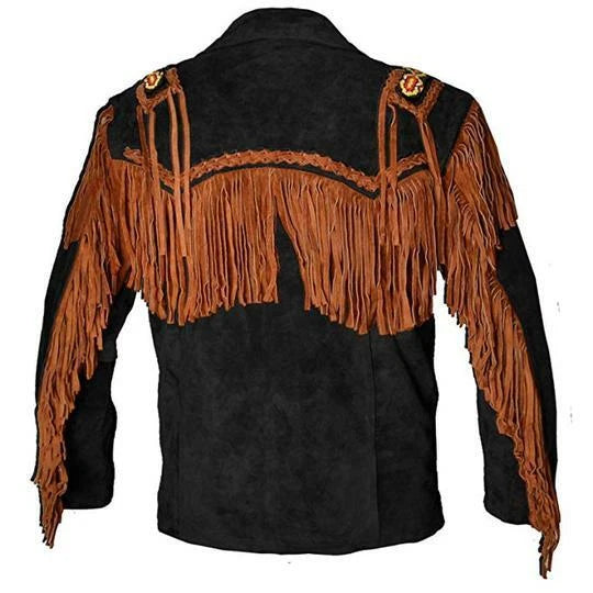 Men’s Western Cowboy Suede Leather Fringe Jacket with Beaded Native American Design