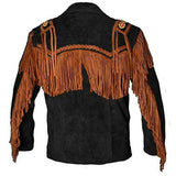 Men’s Western Cowboy Suede Leather Fringe Jacket with Beaded Native American Design
