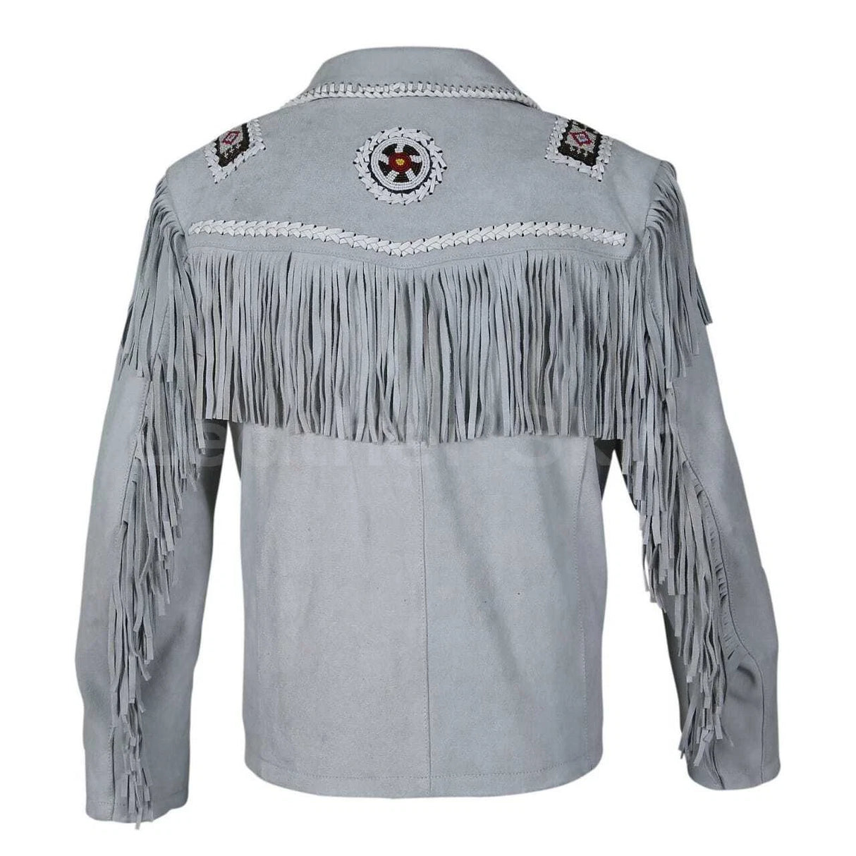Men’s Western Real Leather Fringe Cowboy Jacket – Native American Beaded Design