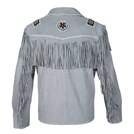 Men’s Western Real Leather Fringe Cowboy Jacket – Native American Beaded Design