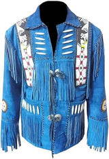 Men’s Western Cowboy Suede Leather Fringe Jacket with Beaded Native American Design