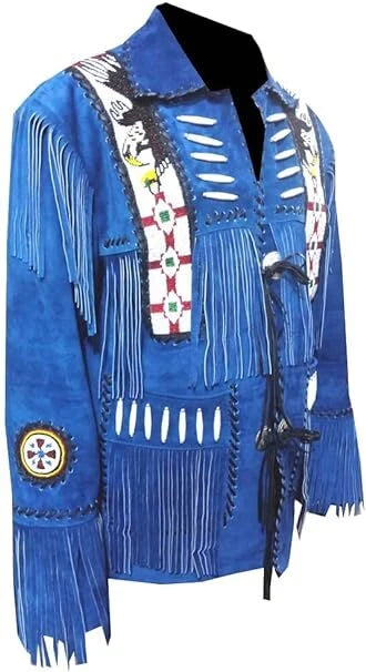 Men’s Western Cowboy Suede Leather Fringe Jacket with Beaded Native American Design