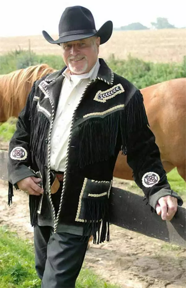 Men’s Western Cowboy Suede Leather Fringe Jacket with Beaded Native American Design