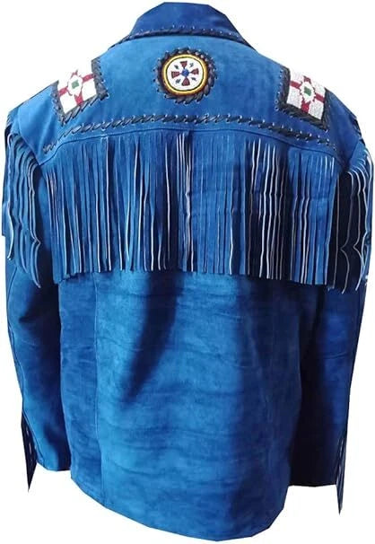 Men’s Western Cowboy Suede Leather Fringe Jacket with Beaded Native American Design