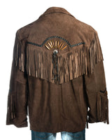 Men’s Handcrafted Western Suede Leather Jacket with Fringe & Native-Inspired Beadwork