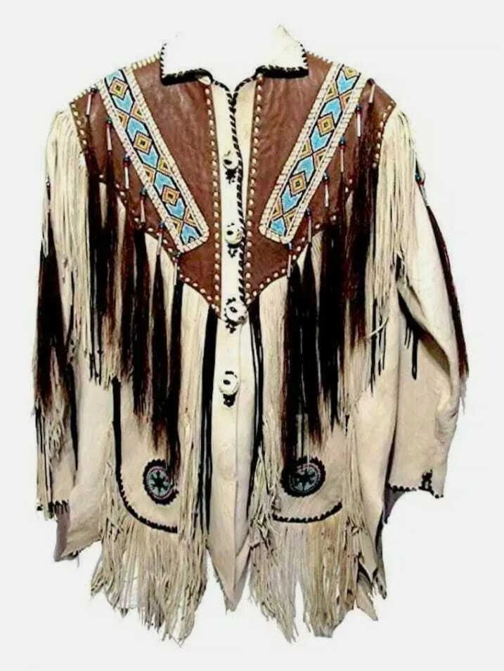 Men’s Western Cowboy Real Leather Fringe Jacket with Beaded Native American Design