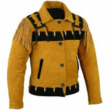 Men’s Western Cowboy Suede Leather Fringe Jacket with Beaded Native American Design