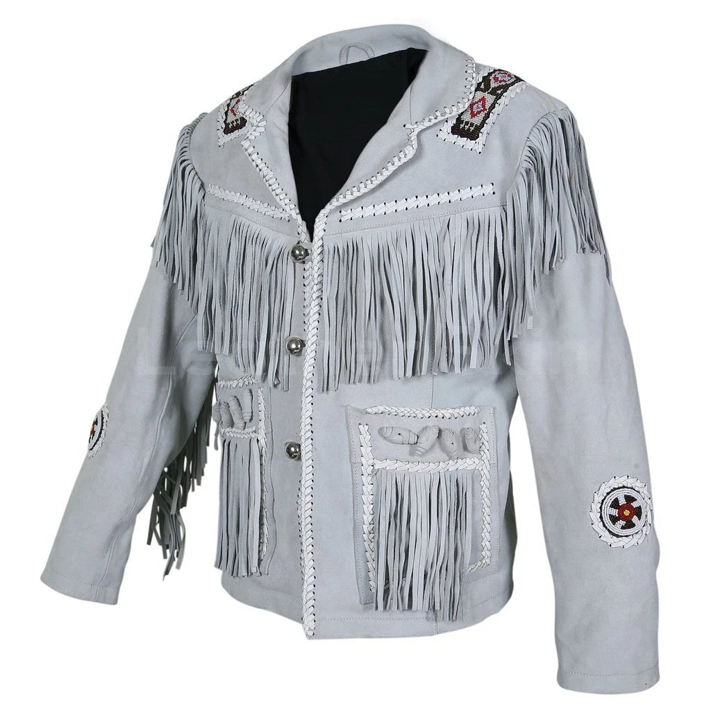 Men’s Western Real Leather Fringe Cowboy Jacket – Native American Beaded Design