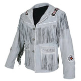 Men’s Western Real Leather Fringe Cowboy Jacket – Native American Beaded Design