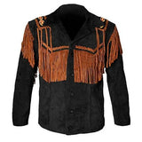 Men’s Western Cowboy Suede Leather Fringe Jacket with Beaded Native American Design