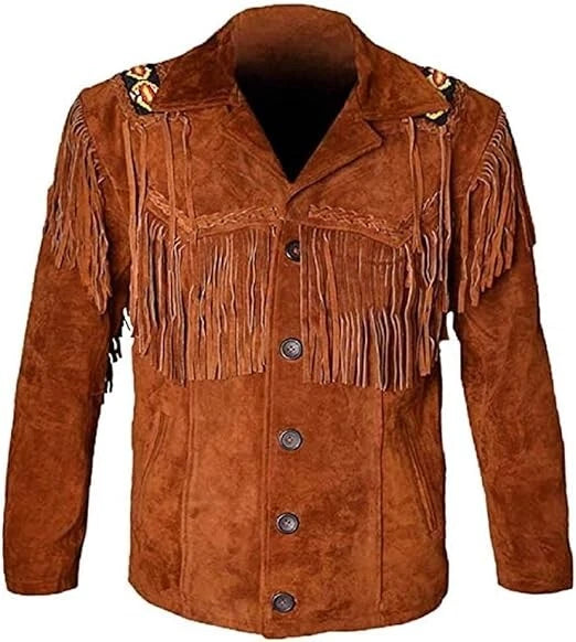 Men’s Vintage Western Suede Leather Fringe Jacket with Hand Beaded Native-Inspired Design