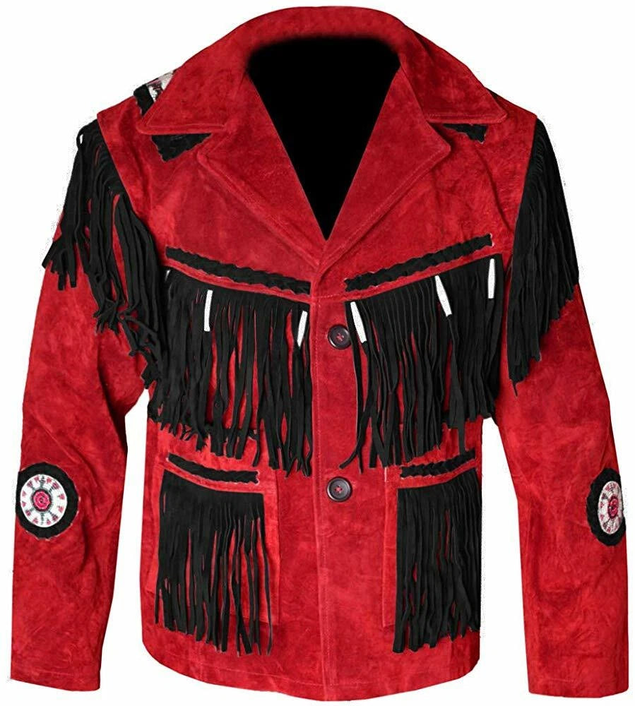 Men’s Western Cowboy Suede Leather Fringe Jacket with Beaded Native American Design
