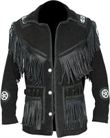 Men’s Authentic Western Suede Leather Fringe Jacket with Native American Beadwork