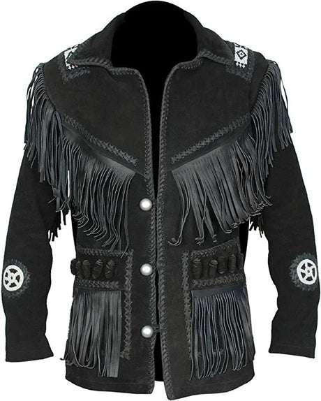 Men’s Authentic Western Suede Leather Fringe Jacket with Native American Beadwork