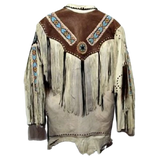 Men’s Western Cowboy Real Leather Fringe Jacket with Beaded Native American Design