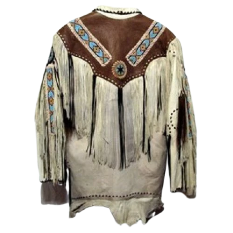 Men’s Western Cowboy Real Leather Fringe Jacket with Beaded Native American Design