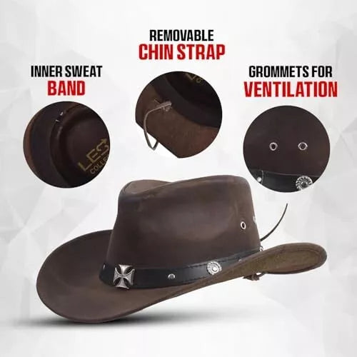Australian Leather Western Bush Cowboy Hat Cross Embellishment Brown
