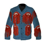 Men’s Handmade Western Suede Leather Jacket with Fringe & Native-Inspired Bead Detailing