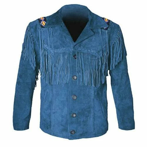 Men’s Classic Western Suede Leather Fringe Jacket with Native American Beaded Style