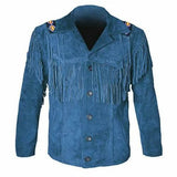 Men’s Classic Western Suede Leather Fringe Jacket with Native American Beaded Style