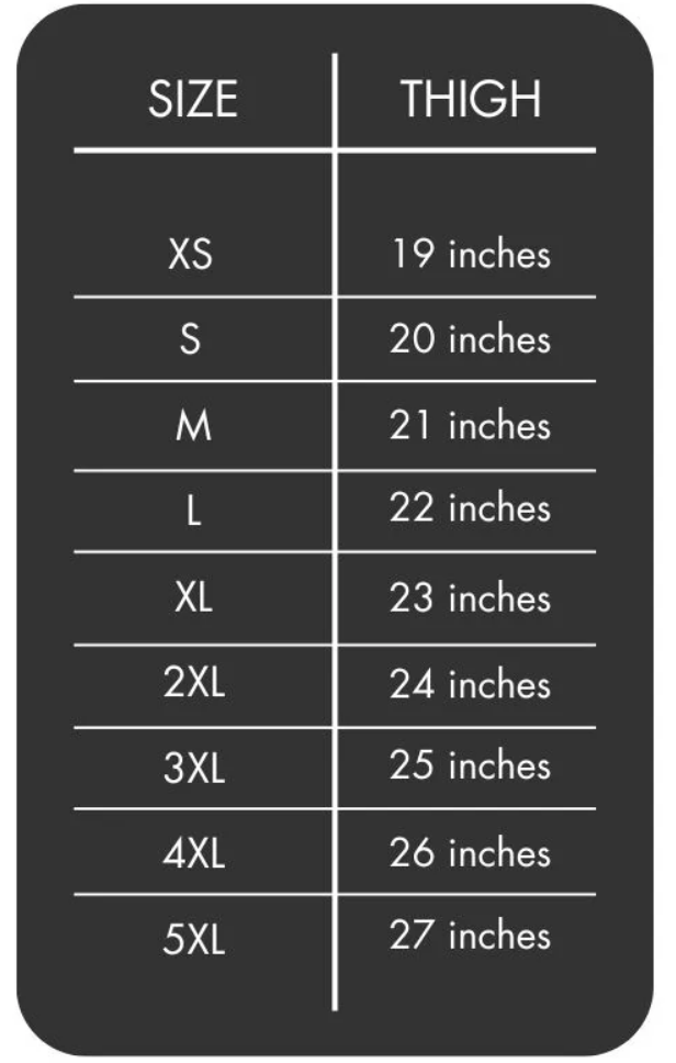 Men's motorcycle chaps size chart with thigh measurements by size
