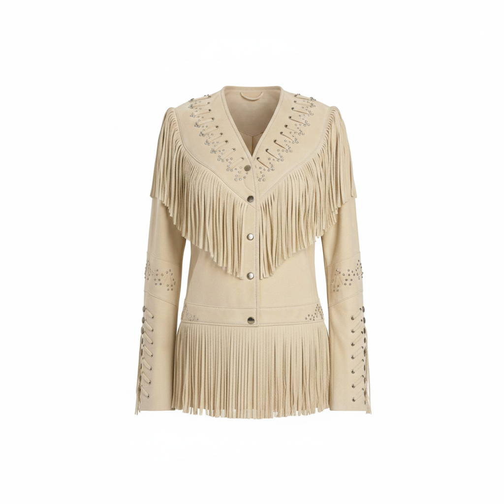 Women’s Western Leather Jacket with Fringes & Beadwork – Cream Real Leather