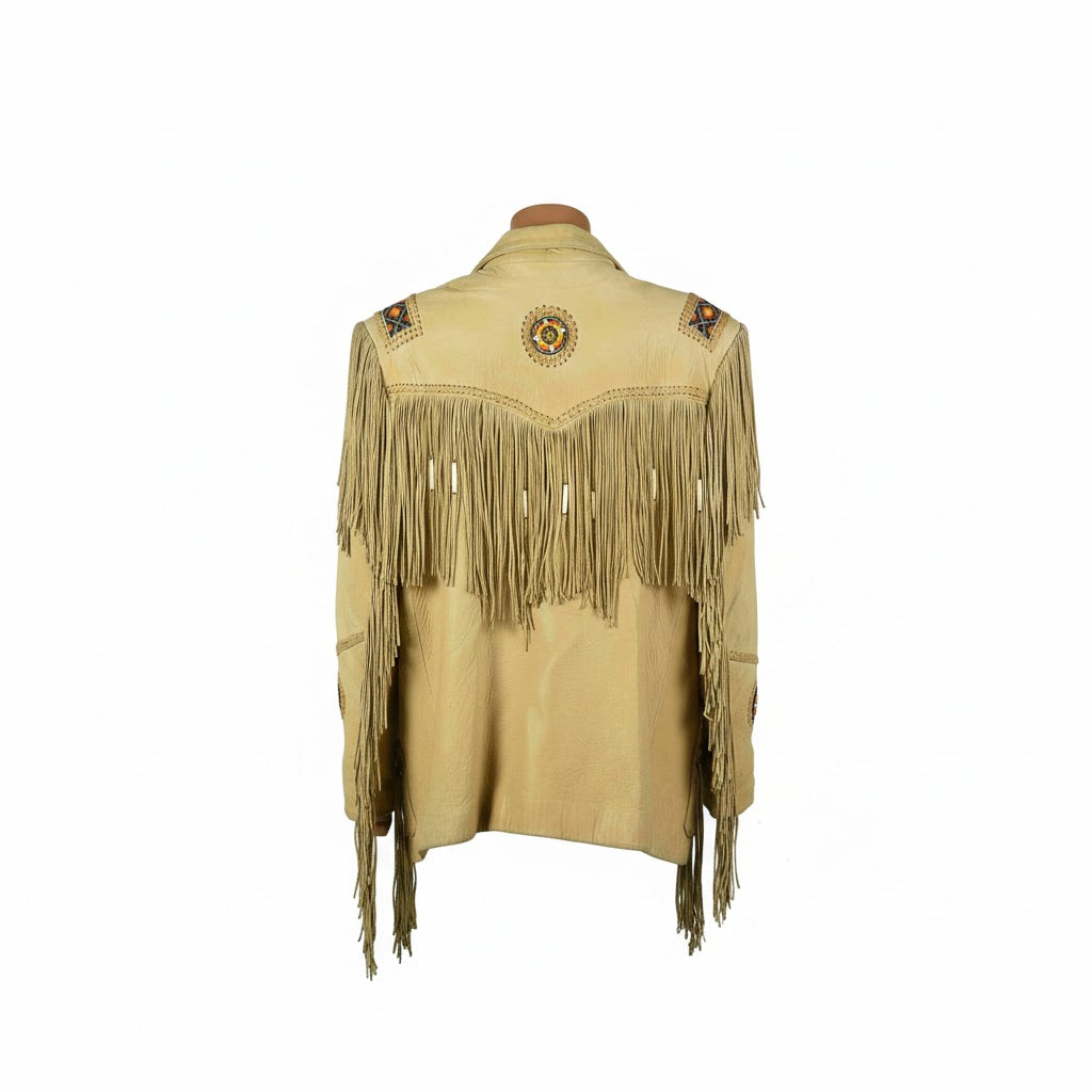 Women’s Western Style Leather Jacket with Fringes & Beadwork (Genuine Leather)