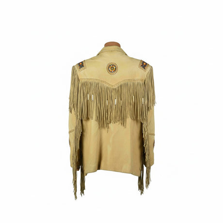Women’s Native American Western Style Leather Jacket with Fringes & Beadwork (Genuine Leather)