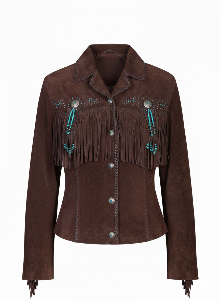 Women’s Native American Style Suede Western Fringe & Beaded Leather Jacket